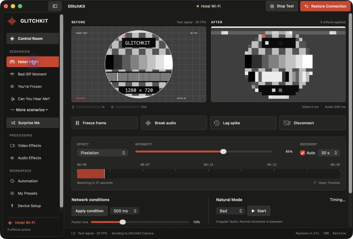 The GlitchKit Mac app with before and after test-card previews, scenario shortcuts, effect intensity, and recovery controls