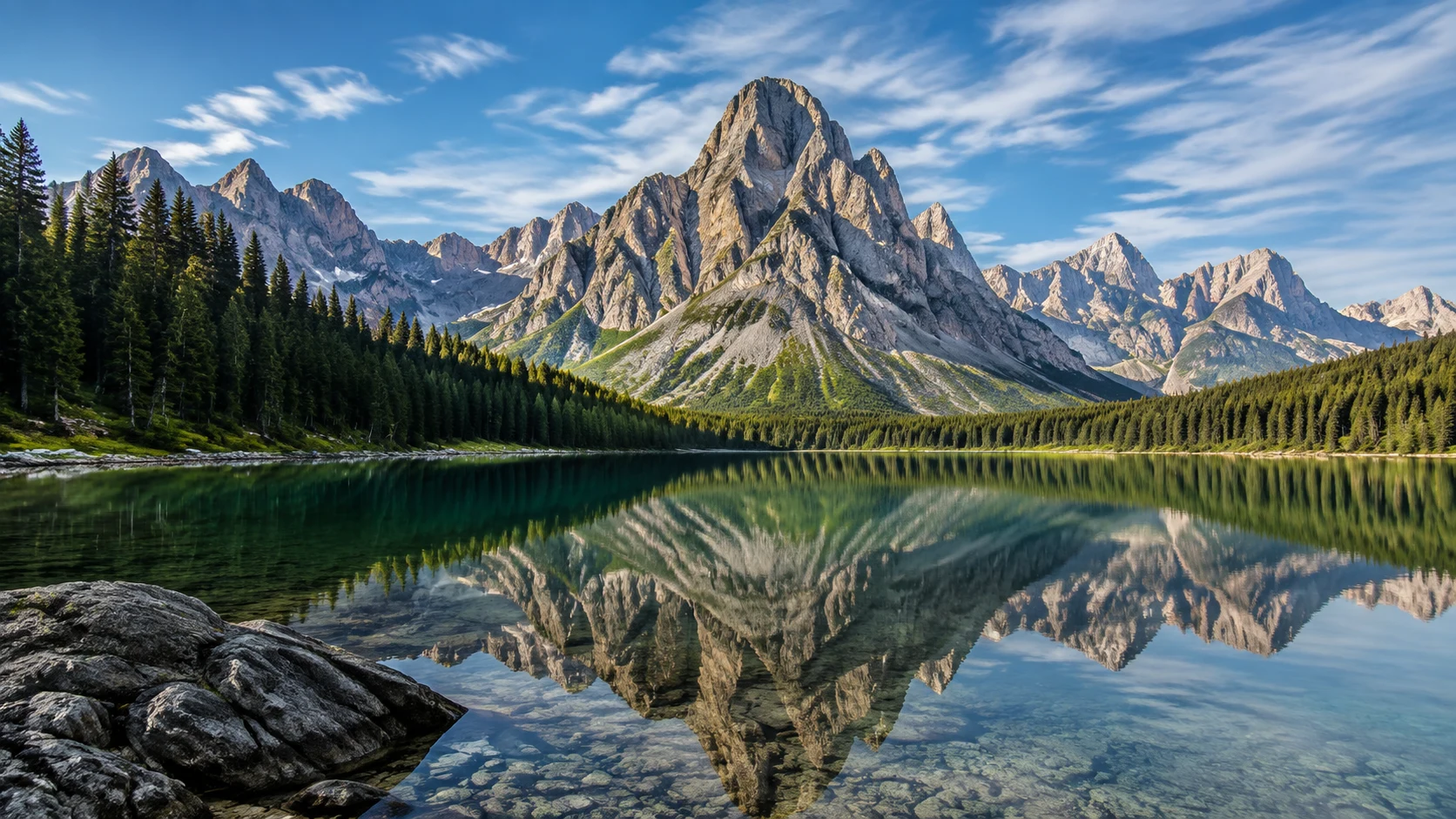 A mountain lake reflected in still water